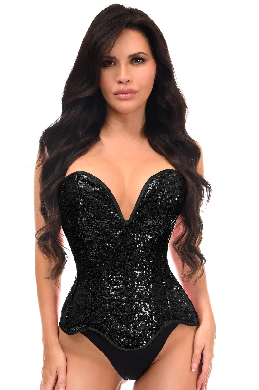 Daisy Steel Boned Black Sequin Plunge Neckline Overbust Corset