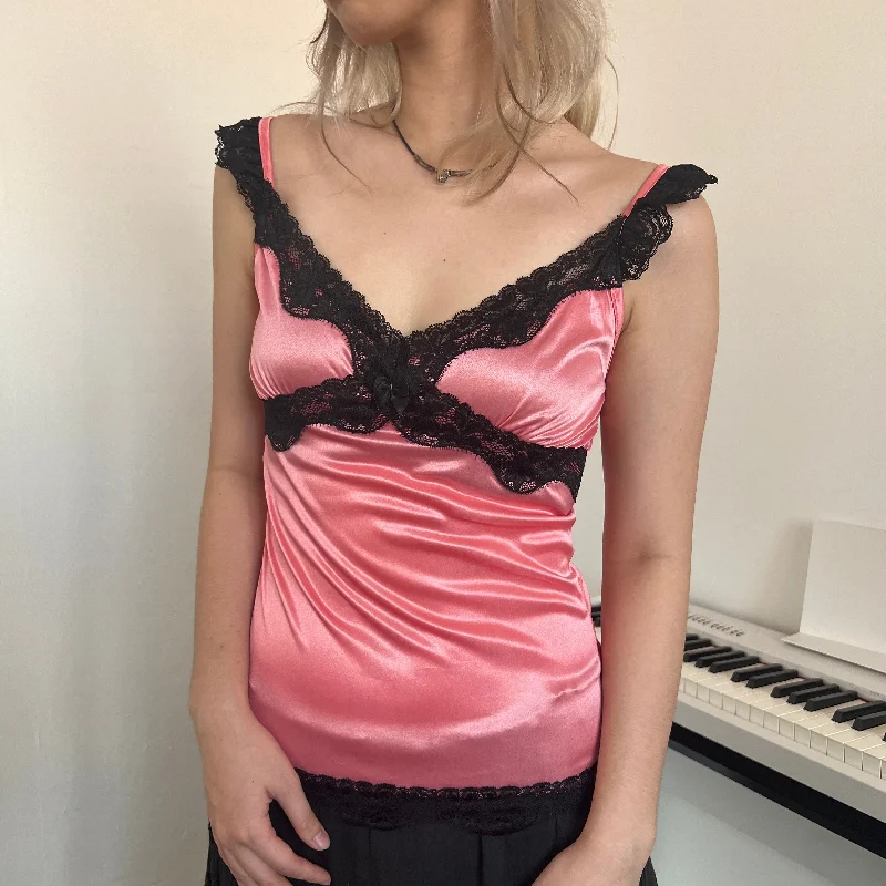 Soft Pink Black Lace Ruffles Shoulder Camisole Top