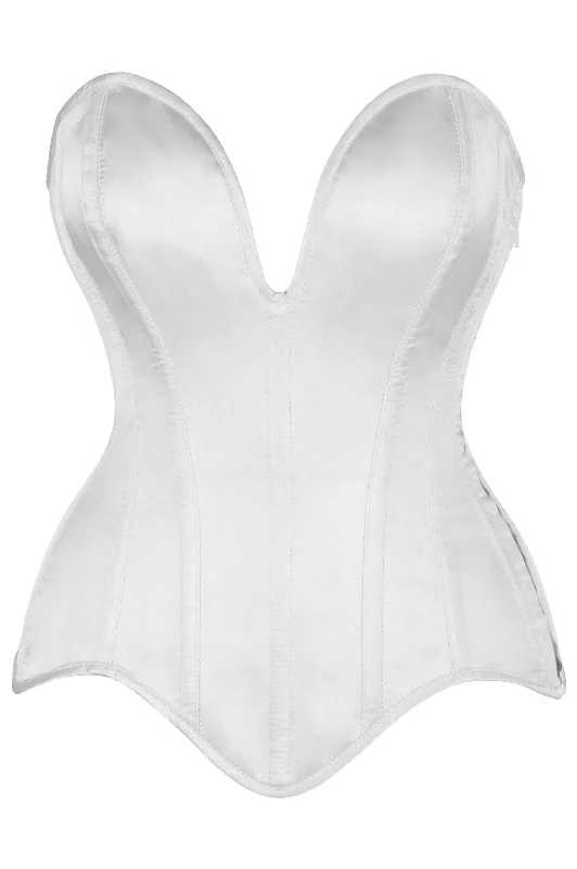 Daisy Steel Boned White Satin Plunge Neckline Overbust Corset