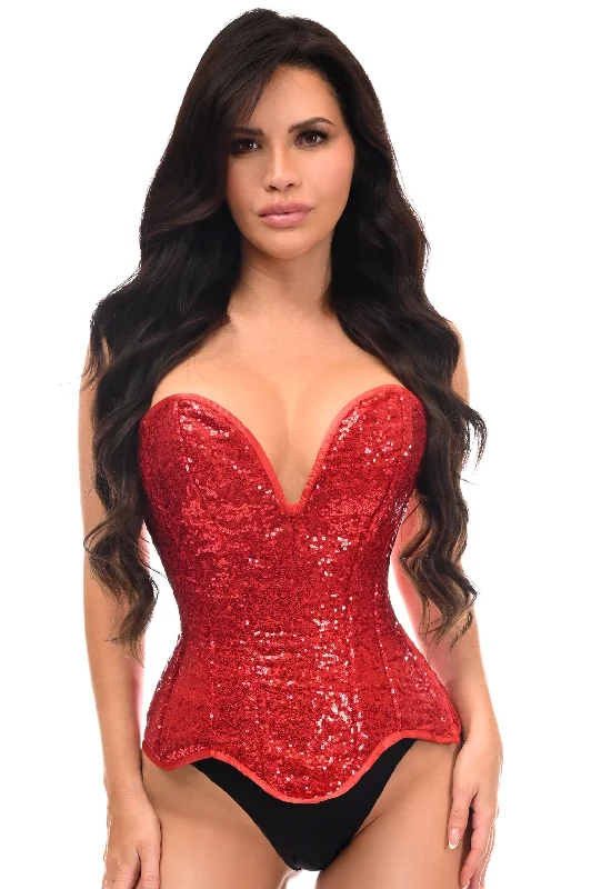 Daisy Steel Boned Red Sequin Plunge Neckline Overbust Corset