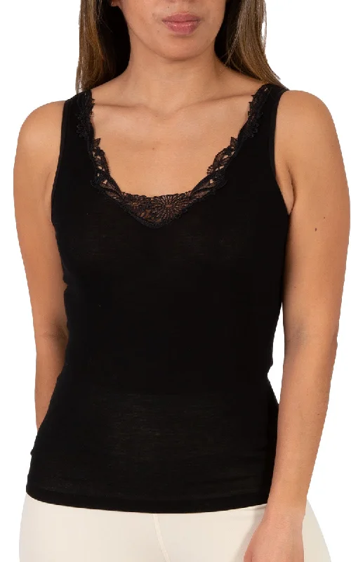 Emmebivi 100% Cotton Singlet With Lace Trim in Black 12312