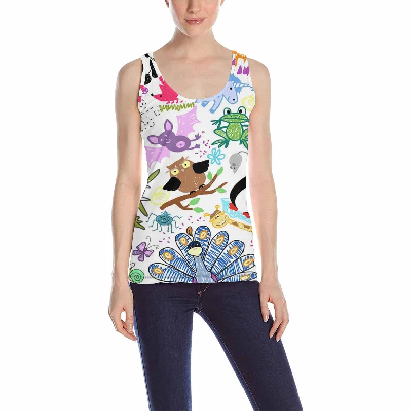 Women's Tank Top print with colorful doodle cute animals pattern