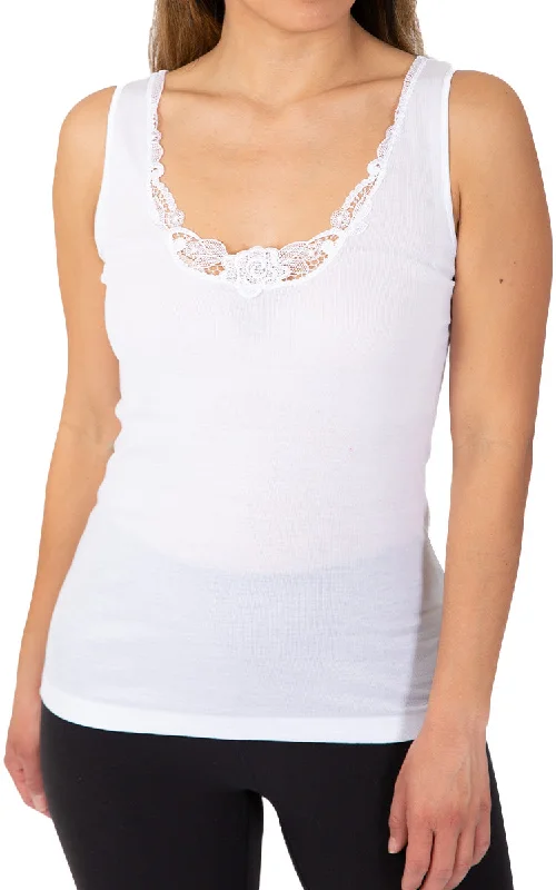 Emmebivi 100% Cotton Singlet With Lace Trim in White 12312