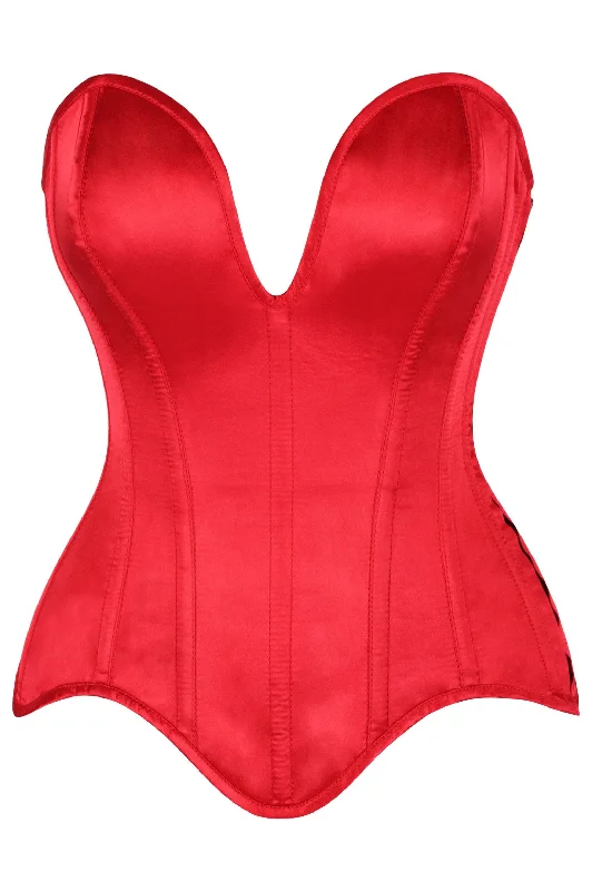 Daisy Steel Boned Red Satin Plunge Neckline Overbust Corset