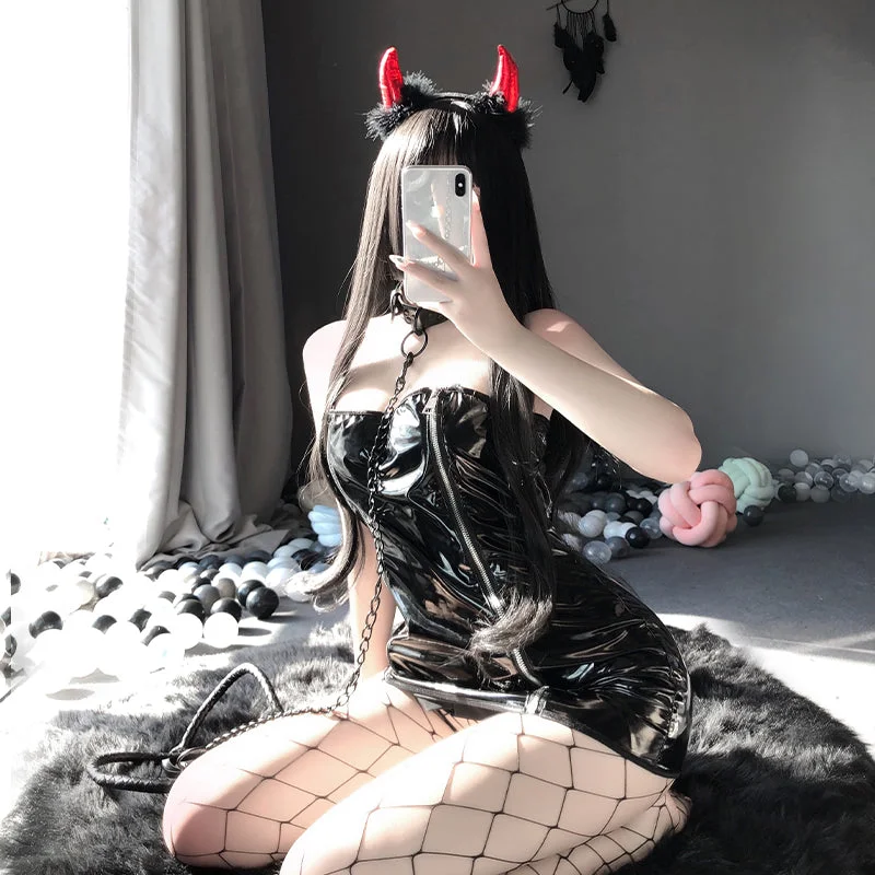 Sexy Anime Little Devil Wet Look Leather Corset 5 Pcs Set