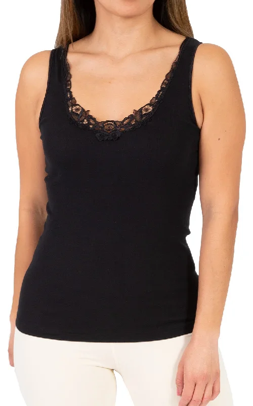 Emmebivi 100% Cotton Singlet With Lace Trim in Black 22332