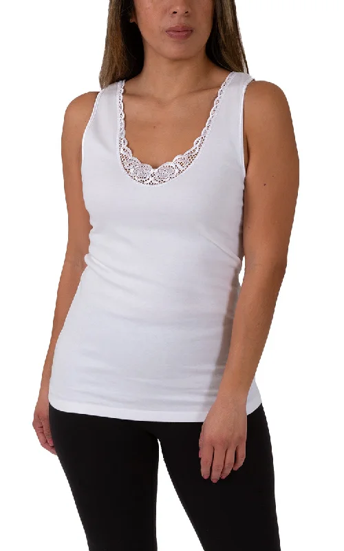 Emmebivi 100% Cotton Singlet Thermal with Lace Trim in White 33012