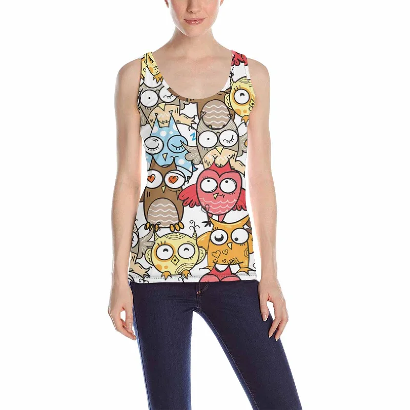 Women's Tank Top print with colorful crazy owls pattern