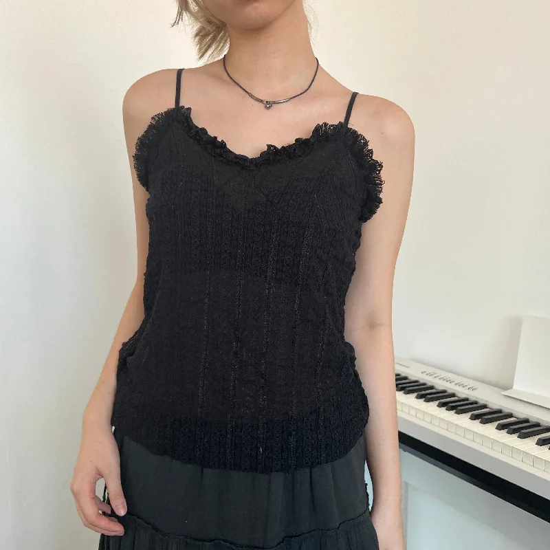 Black Ruffles Lace Side Mesh Slit Camisole Top