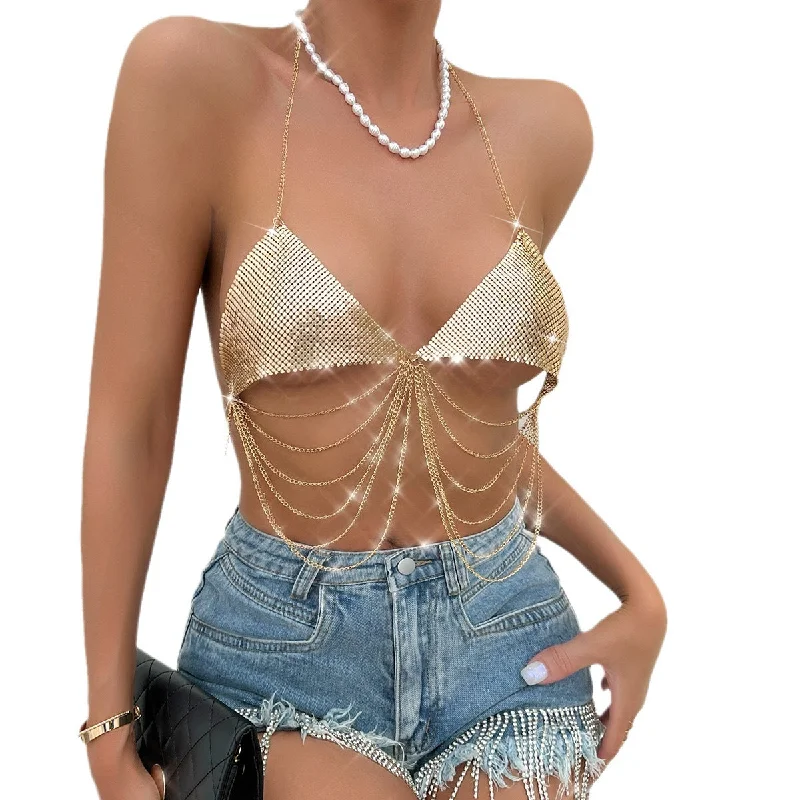 Temptress Twilight Festival Halter Top With Low Back Strap and Dangling Accents