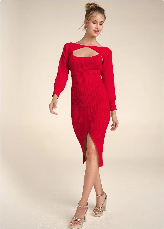 Sweater Dress With Shrug - Red