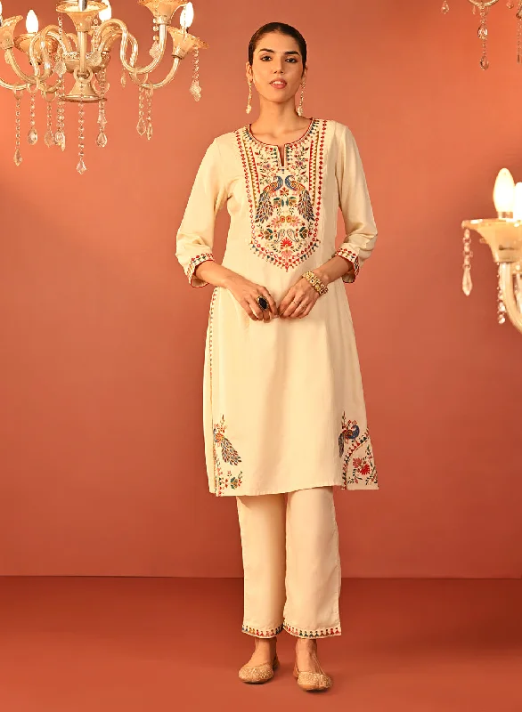 Irina Ivory Embroidered Khadi Cotton Co-ord Set for Women