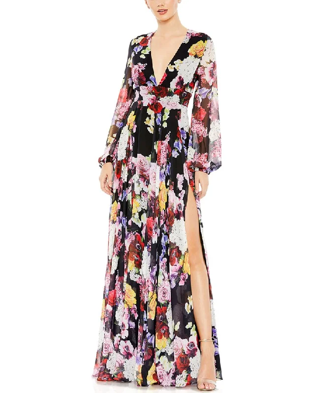 Mac Duggal Floral Print Illusion V Neck Gown