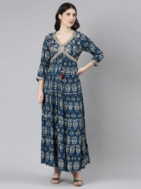 Neeru's Blue Straight Casual Printed Gown