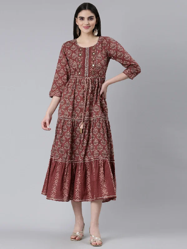 Neeru's Brown Straight Casual Printed Gown