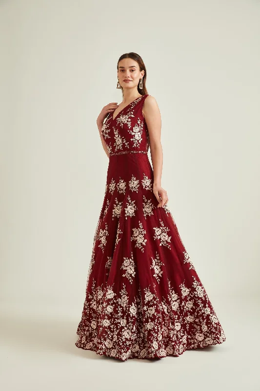 Neeru's Maroon Colour Nett Fabric Gown