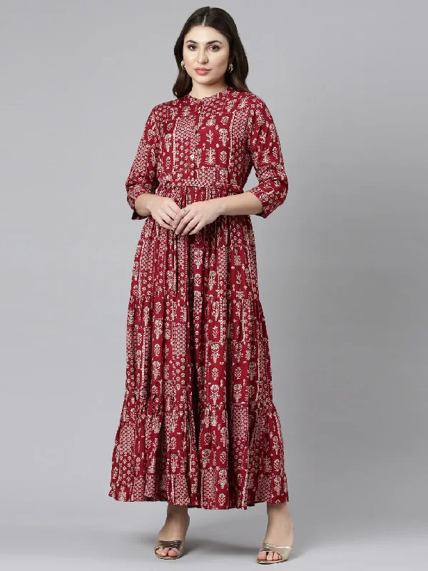 Neeru's Maroon Flared Casual Printed Gown