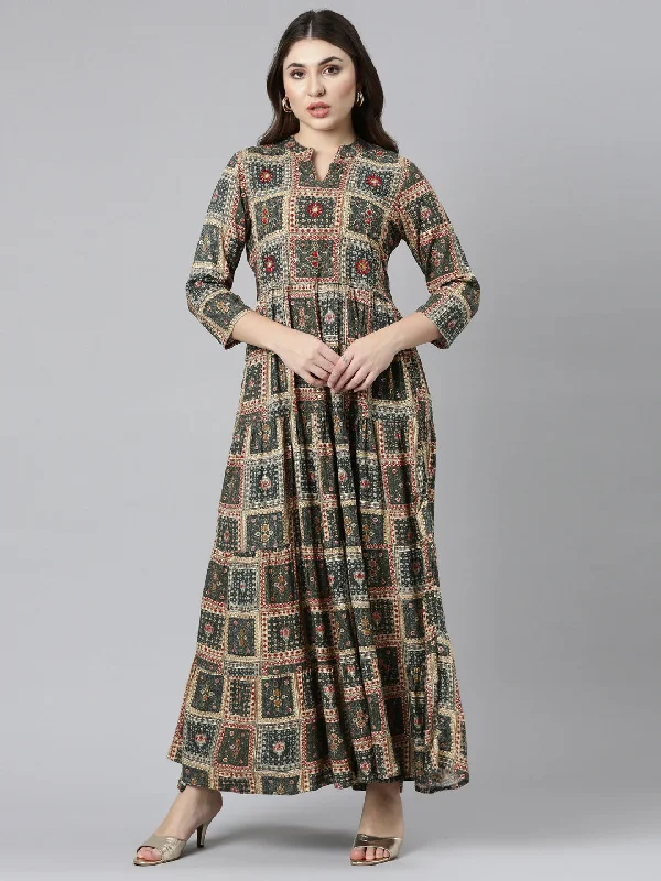 Neeru's Olive Straight Casual Printed Gown