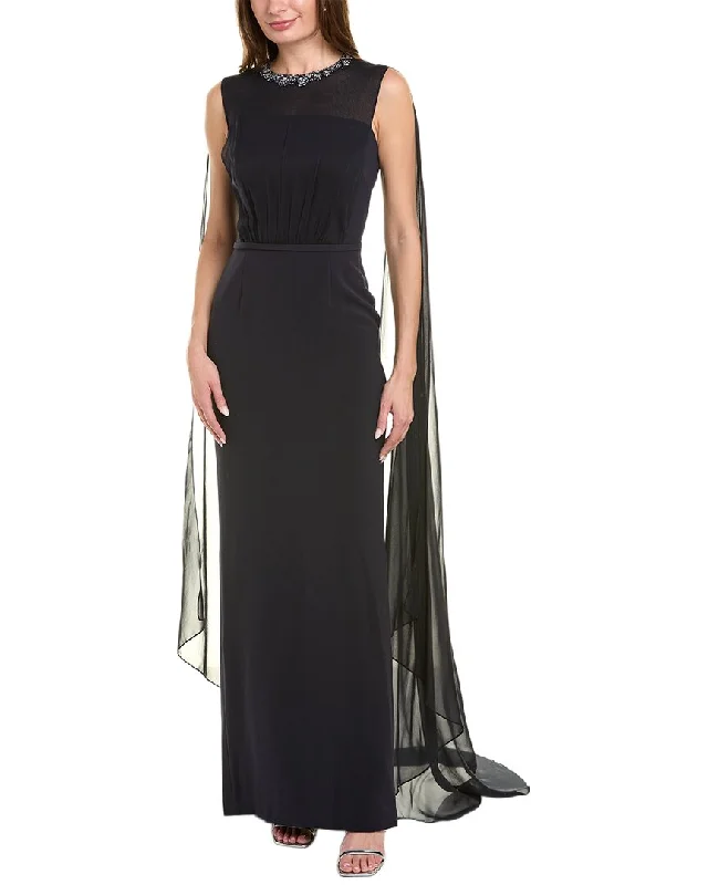 Teri Jon by Rickie Freeman Chiffon Silk-Trim Cape Gown