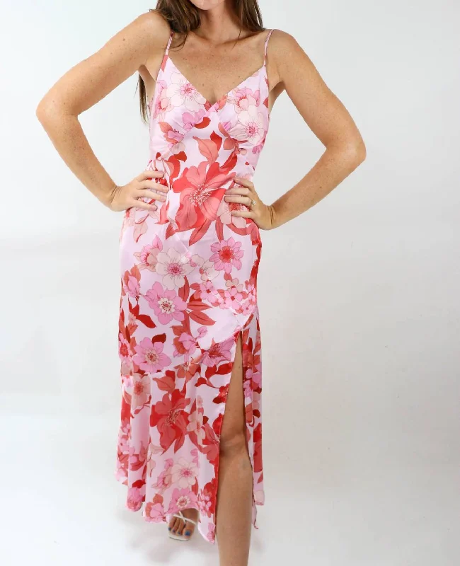 Dreamland Daze Floral Satin Tie Back Cocktail Midi Dress in Pink