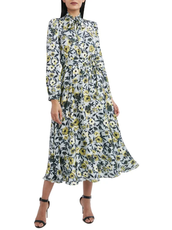 Womens Floral Mock Neck Midi Dress