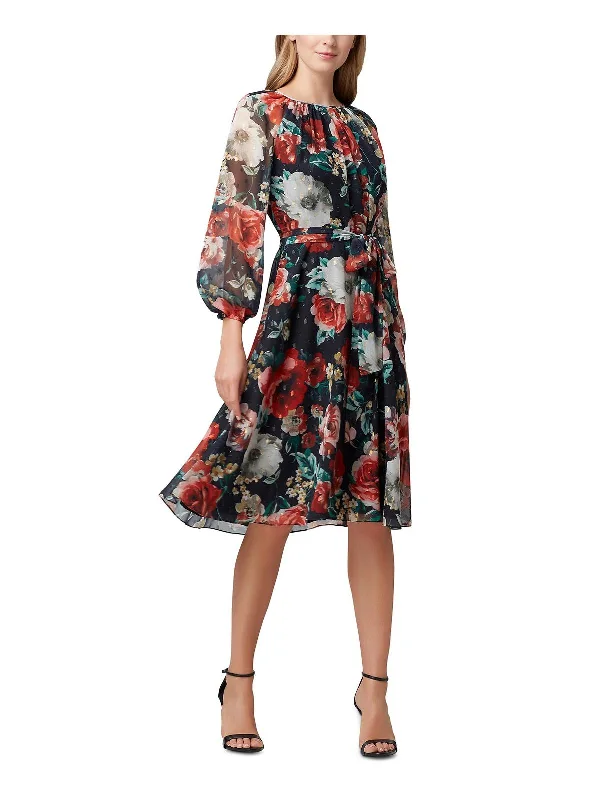 Womens Floral Print A-Line Midi Dress