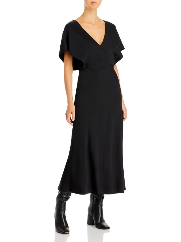 Womens Linen Blend V-Neck Midi Dress