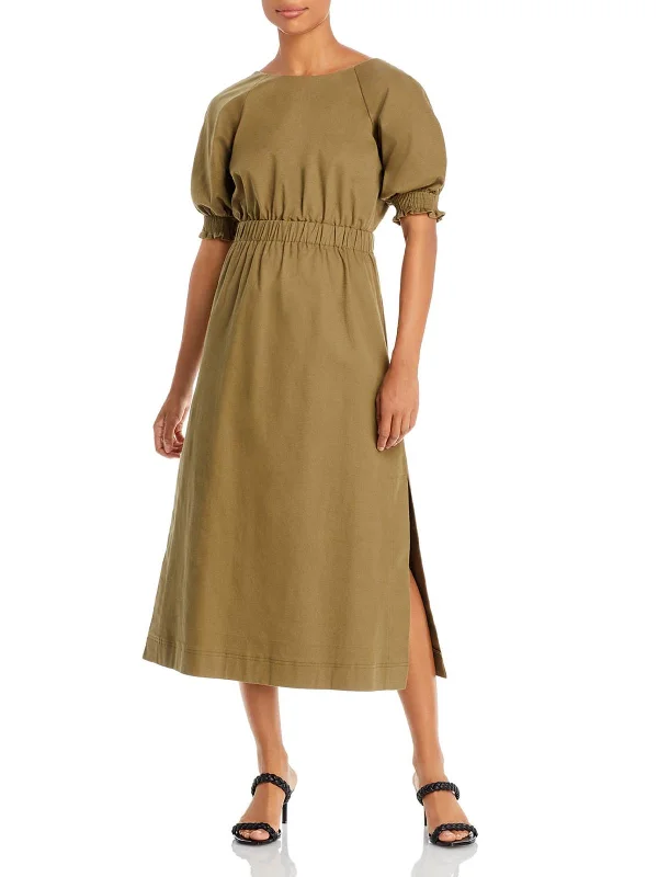 Womens Twill Puff Sleeve Midi Dress