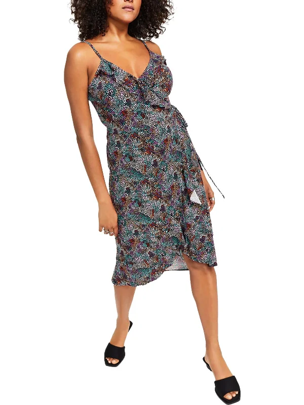 Petites Womens Printed Mini Wrap Dress