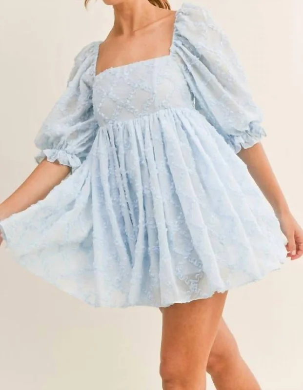 Ribbon Textured Puff Sleeve Babydoll Mini Dress In Blue