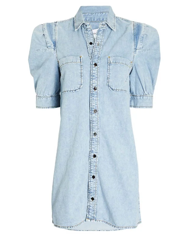 Rosette Puff Sleeve Mini Dress In Denim Blue