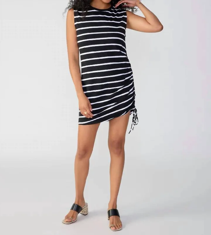 Sleeveless Drawstring Mini Dress In Black White Stripe