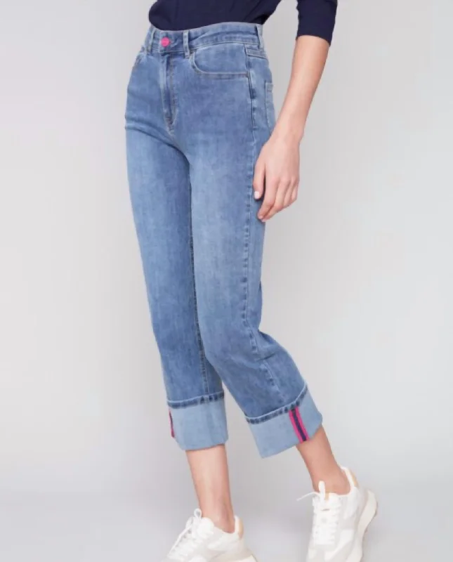 C5502-431A - Stretch Denim Wide Leg Pants In Denim Blue/pink