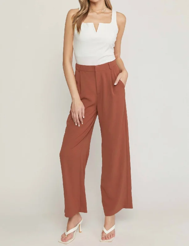 High Waisted Full Leg Pants With Pockets In Brown