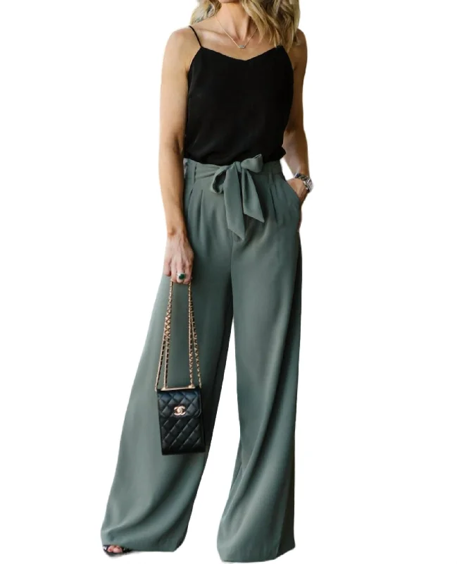 Wide Stride Tie Waist Trouser In Green