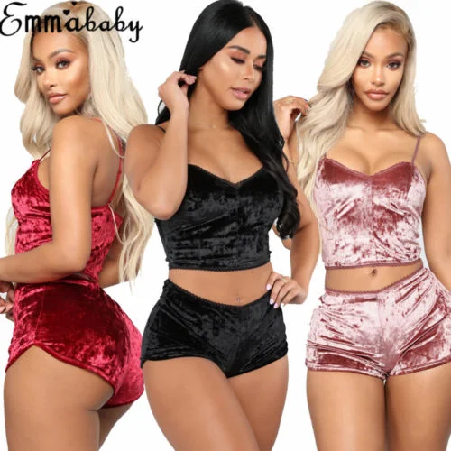 US Fashion Women 2pcs Velvet Sleepwear Sexy Spaghetti Strap Velvet Shorts Pajama Set Ladies Sleepwear female Pajama Party Set