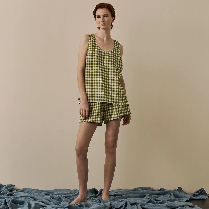 Botanical Green Gingham Linen Cami Set