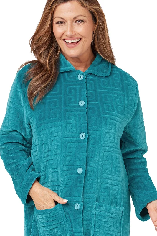 Greek Key Motif Embossed Fleece Button-Through Housecoat