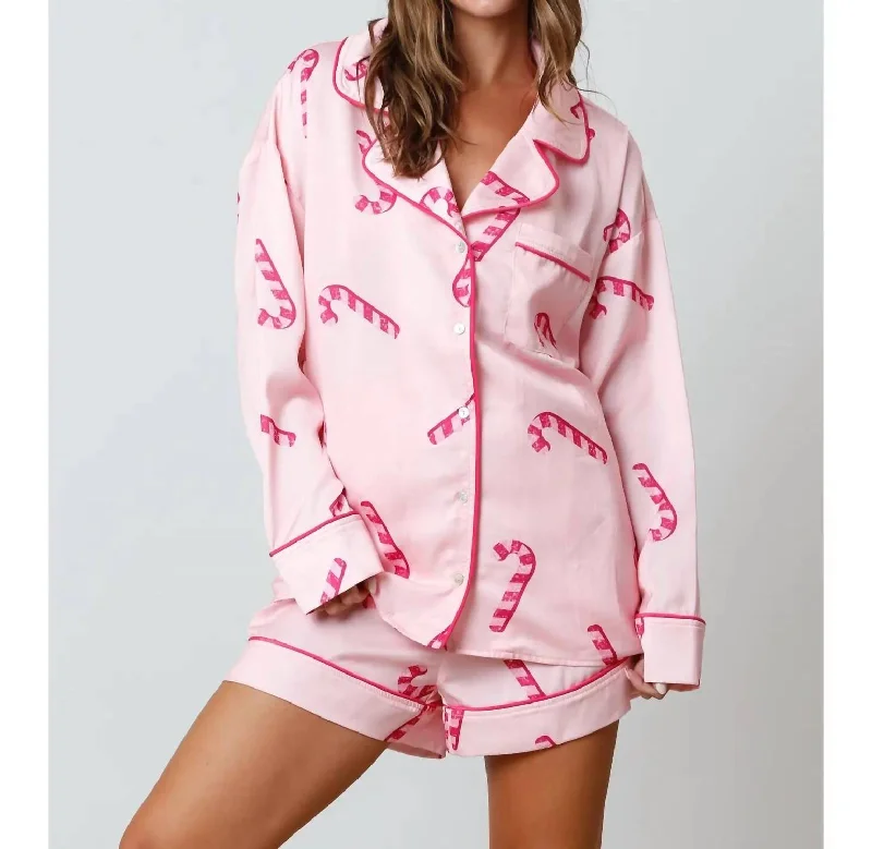 Candy Cane Pattern Pj Top In Pink