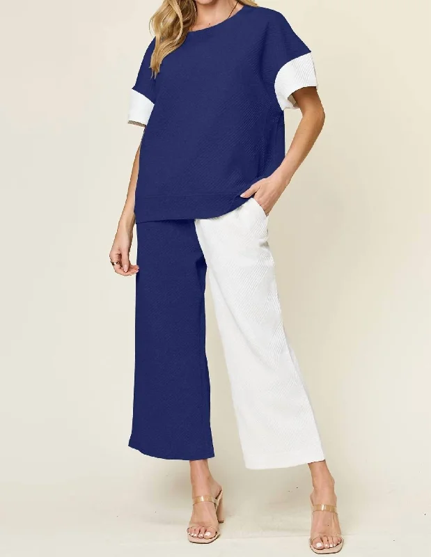 Chic Textured T-Shirt & Pants Set In Royal Blue