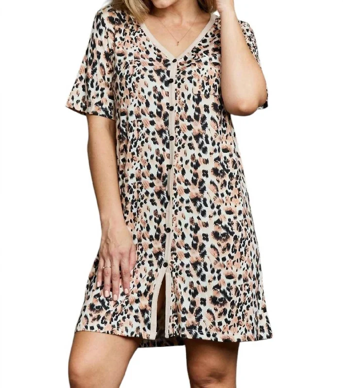 Dreamy Quilted Button-Up Nightgown In Leopard