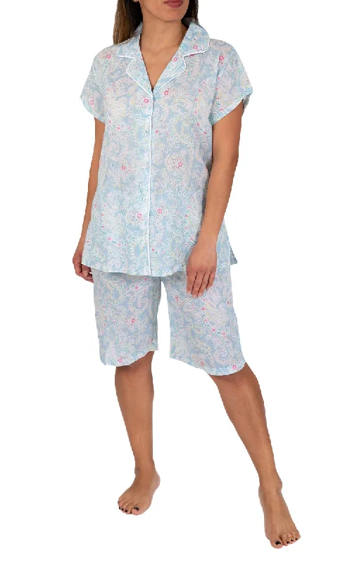 French Country 100% Cotton Pyjama with Short Sleeve In Blue Floral FCY125V