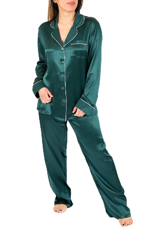 Ginia 100% Silk Pyjama with Long Sleeve in Emerald Green GFF501 SALE